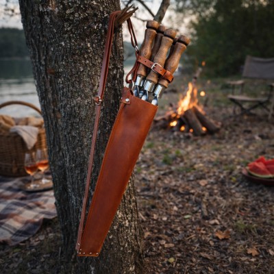 Набор шампуров с деревянными ручками в кожаном чехле. Набор шампуров с деревянными ручками в кожаном чехле.